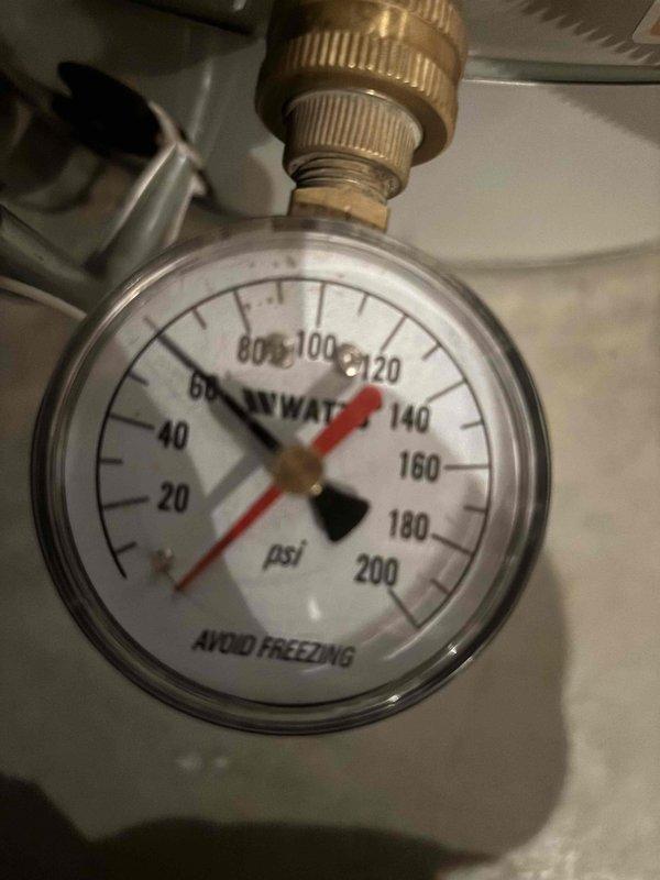 Responded to a reported leak at the faucet base and inspected the sink's braided flexible supply line and surrounding cabinet surface, which showed staining consistent with prior moisture exposure. Verified system water pressure using a Watts pressure gauge, with readings indicating the system was within a range appropriate for testing connections. Evaluated the sink as requested and confirmed the leak source for the customer. Responded to a reported leak at the faucet base and inspected the sink's braided flexible supply line and surrounding cabinet surface, which showed staining consistent with prior moisture exposure. Verified system water pressure using a Watts pressure gauge, with readings indicating the system was within a range appropriate for testing connections. Evaluated the sink as requested and confirmed the leak source for the customer.