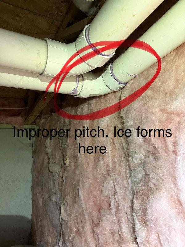 Responded to furnace blower motor noise complaint from new customer. Upon inspection of crawl space, identified improper pitch in HVAC condensate drain line causing ice formation at connection points. Marked affected area and corrected drainage slope to prevent future condensate buildup and eliminate noise issue.