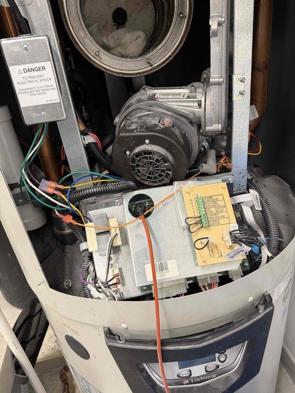 Responded to commercial no-heat service call. Upon inspection, found significant mineral scaling and residue buildup inside heat exchanger. Unit inspection revealed possible issues with blower motor assembly and control board connections. Recommended thorough cleaning and further diagnostics to restore proper heating function.