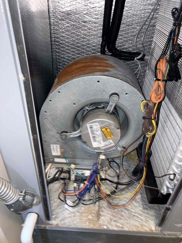 Performed annual cooling maintenance on system. Inspected blower motor which showed signs of rust/corrosion on housing. Checked thermostat operation, confirming proper heating mode functionality with auxiliary heat active and appropriate humidity levels.
