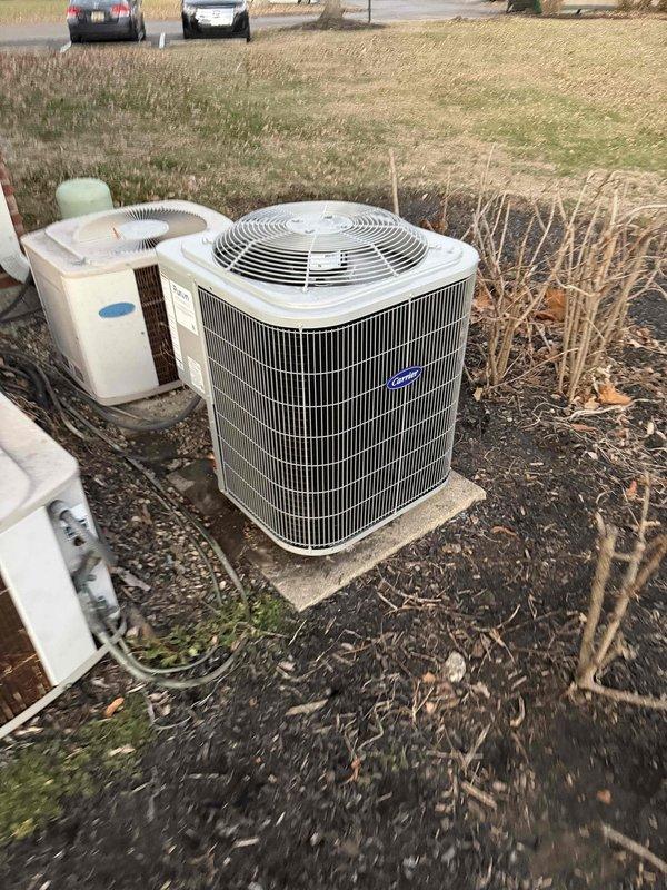 Successfully completed installation of a new Carrier HVAC system, including FMA5X2400AL wall hung air handler with 8KW electric heat kit (TUTEHK208) and 26SCA424N003 2-ton Comfort Series condenser. Retained and flushed the existing copper line-set, connected to existing drain line, electrical, and ductwork. Removed and disposed of old equipment, verifying proper system operation with electrical readings confirmed via Fluke 902FC meter.