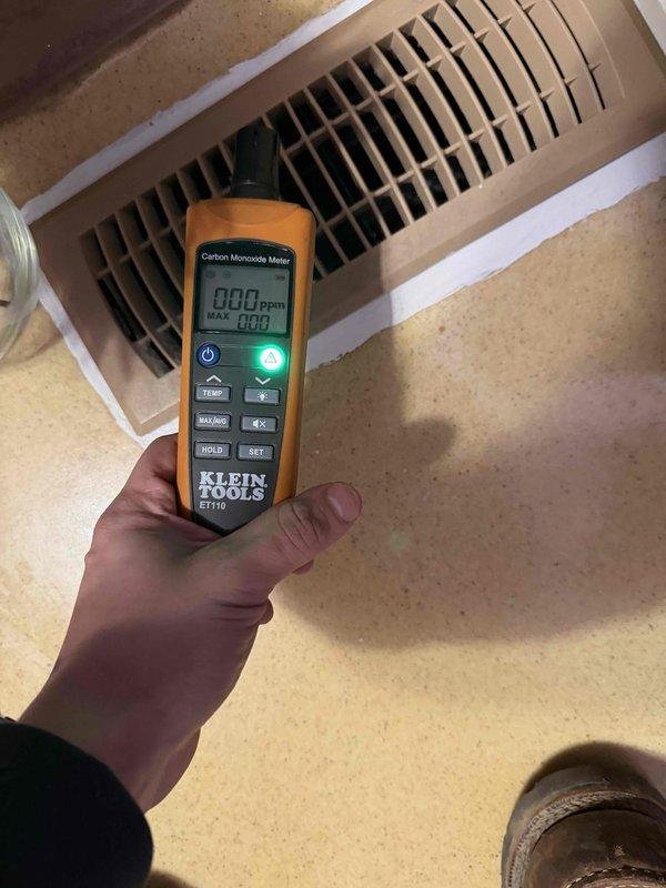 Performed standard HVAC tune-up service including system inspection and filter replacement. Conducted thorough electrical component check of circuit board connections and wiring integrity. Carbon monoxide safety test completed using Klein Tools ET110 meter with readings confirming 0 ppm at supply register, verifying proper system combustion and safe operation.