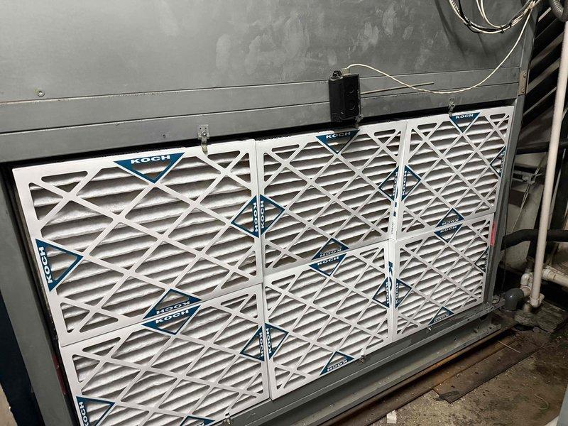 Completed scheduled heating maintenance on two Daikin units and one exhaust unit as per agreement. Replaced nine air filters (six 25.25 x 29 x 25.2 filters and three 20 x 30 x 2 filters) and performed chemical cleaning of evaporator coil on three self-contained walk-in coolers. KOCH filters installed and all systems functioning properly.