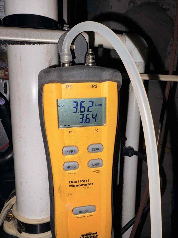 Performed heating maintenance service which included thorough inspection of ventilation ducting system and measurement of gas pressures with dual port manometer. Readings of 36.2/36.4 inWC were verified and recorded, confirming proper system operation within specifications.