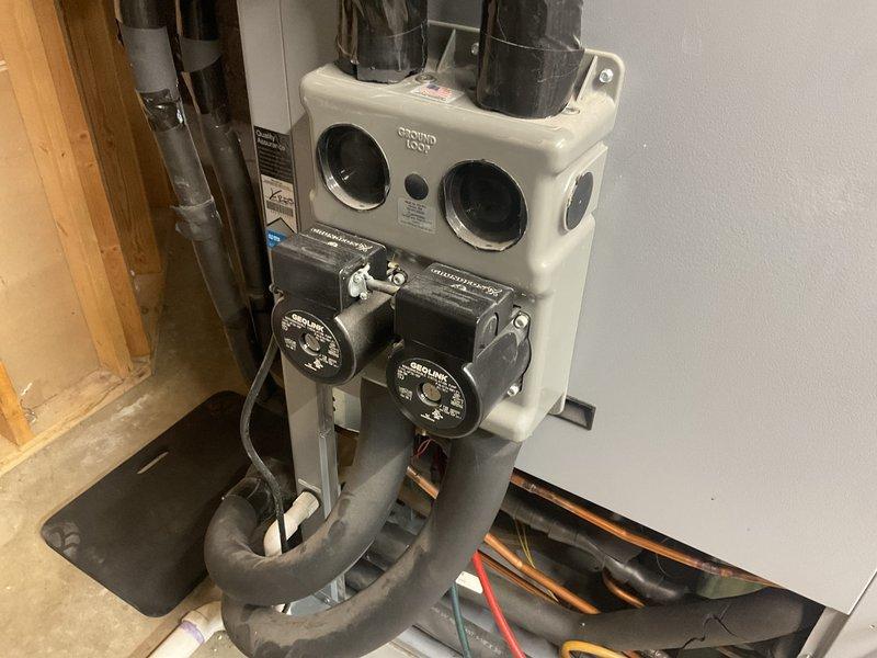Removed and replaced failing desuperheater to resolve leakage issue. Verified proper installation of new unit with Grundfos circulation pumps and ensured all plumbing connections were secure and operational.