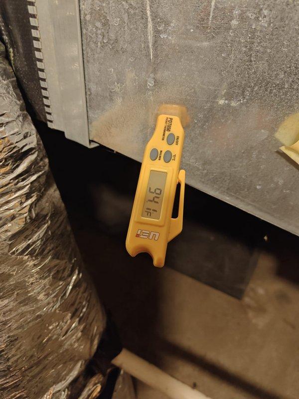 Performed annual heating maintenance service on the system. Conducted electrical testing with Fluke 902FC clamp meter to verify proper voltage and amperage readings. Measured temperature differentials using digital temperature probe to confirm system operation within manufacturer specifications. Replaced 20x25x4 media filter as part of routine maintenance.