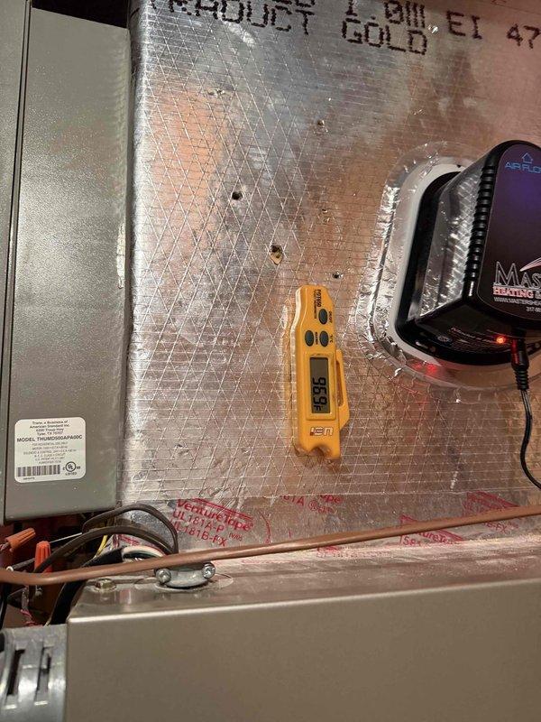 Performed annual heating maintenance service on system. Conducted temperature differential testing with readings of 36°F and verified electrical components using Fieldpiece G6D25 multimeter with 45.6V reading across control board connections. All components functioning within manufacturer specifications.