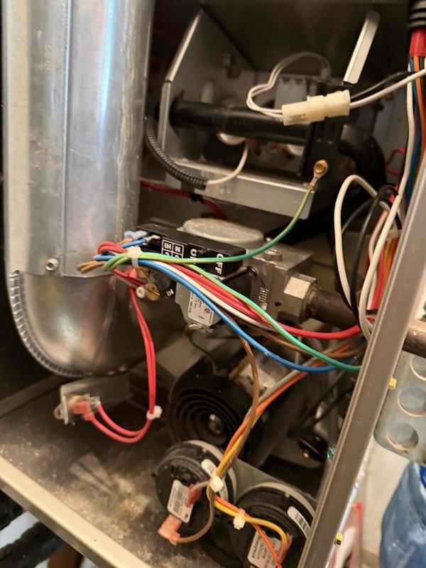 Performed annual heating maintenance on system including inspection of electrical components and connections. Verified proper wiring integrity at the control board and checked all terminal connections for security. Replaced air filter as specified in service notes.