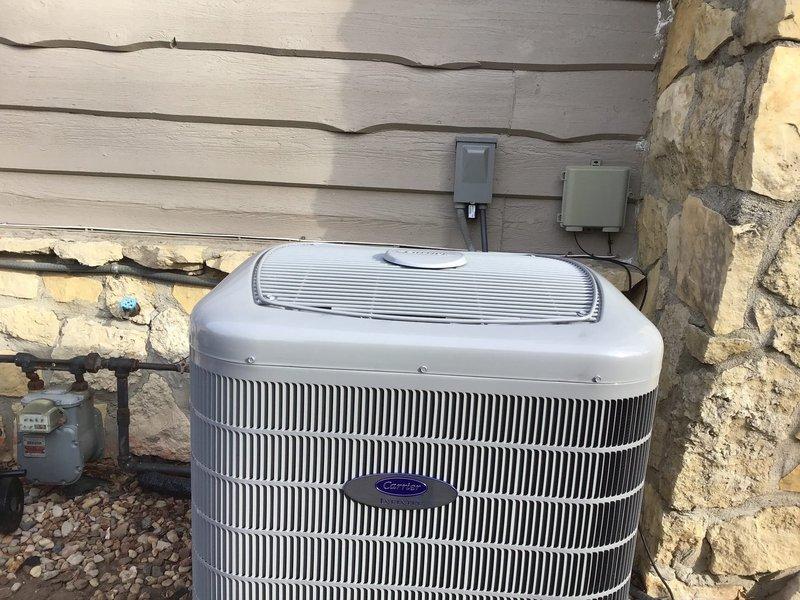 Completed installation of new Carrier Infinity HVAC system including an 80K BTU 97% efficient modulating gas furnace and 3-ton AC unit with Infinity Wall control. Installation included new pad, disconnect, copper line-set, drain line, PVC exhaust/intake, Aprilaire filtration assembly, 720M powered humidifier, and duct cleaning. Properly capped off old flue and positioned outdoor condenser unit on stone base against exterior wall.