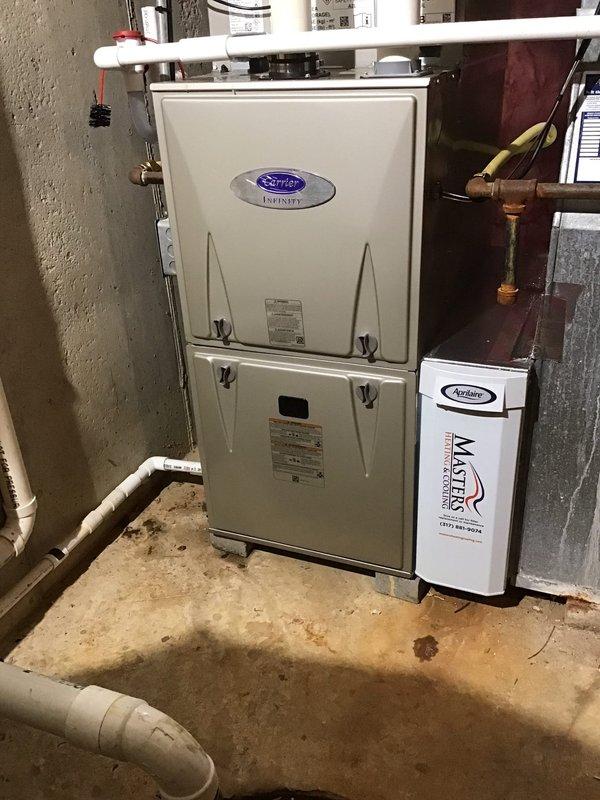 Successfully installed a new Carrier Infinity 2-stage 80K BTU gas furnace with a 3-ton Performance 2-stage A/C system and Ecobee thermostat. The complete installation included flushing the copper line-set, adding April Aire filtration, a 720 powered humidifier, condenser pad, and disconnect, with connections to the existing PVC intake and exhaust.