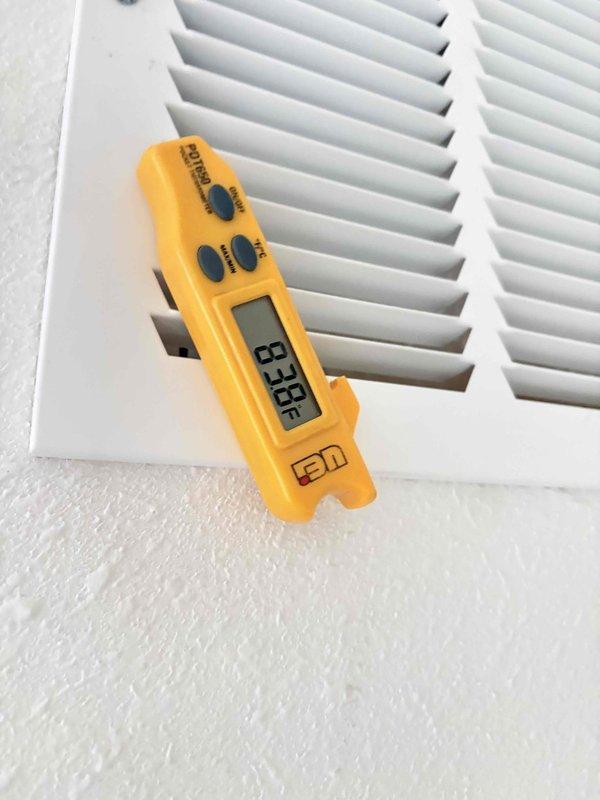 Responded to callback regarding heat kit installation from previous day. Verified thermostat was properly set to heat mode at 68° and conducted airflow measurements at the register. Determined system is now functioning correctly with proper heat output.