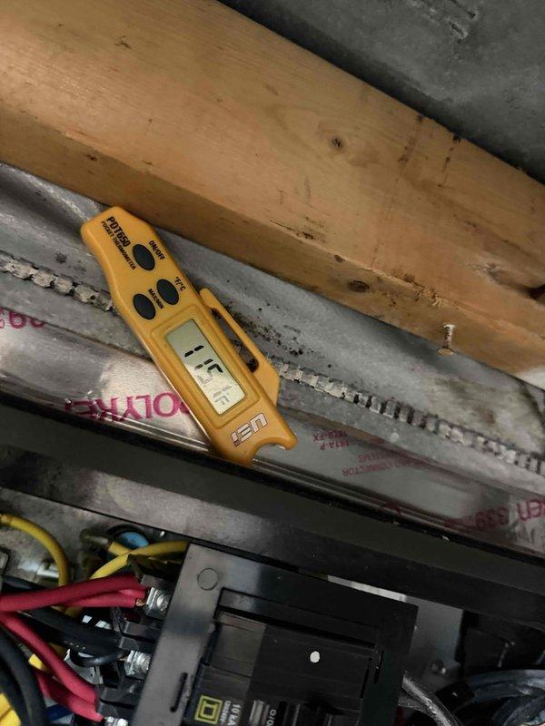 Conducted diagnostic testing on system experiencing sensor reading issues. Utilized multimeter to verify electrical connections and readings at the control panel, measuring 56.92 volts. Customer reported backup heat functioning but suspected communication problems between indoor and outdoor units of the 8-year-old system.