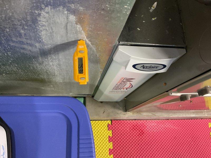 Performed scheduled heating maintenance on two systems. Inspected Aprilaire air purifier/humidifier mounted on ductwork and verified operation of attached temperature monitoring device. Systems were functioning within normal parameters after service completion.