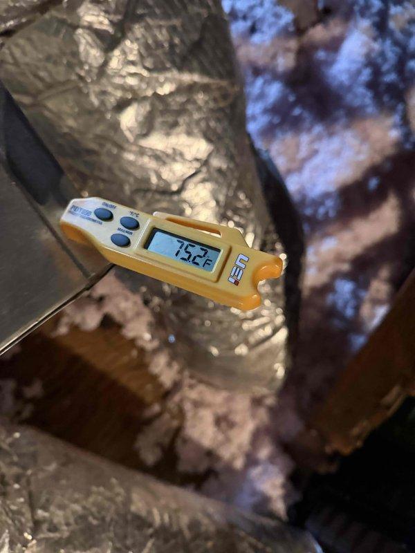 Completed furnace tune-up service on two systems. Performed temperature diagnostics on ductwork, recording supply air temperature at 75.2°F and equipment surface temperature at 589°F. Inspected ductwork in crawl space accessible from basement as requested by customer.