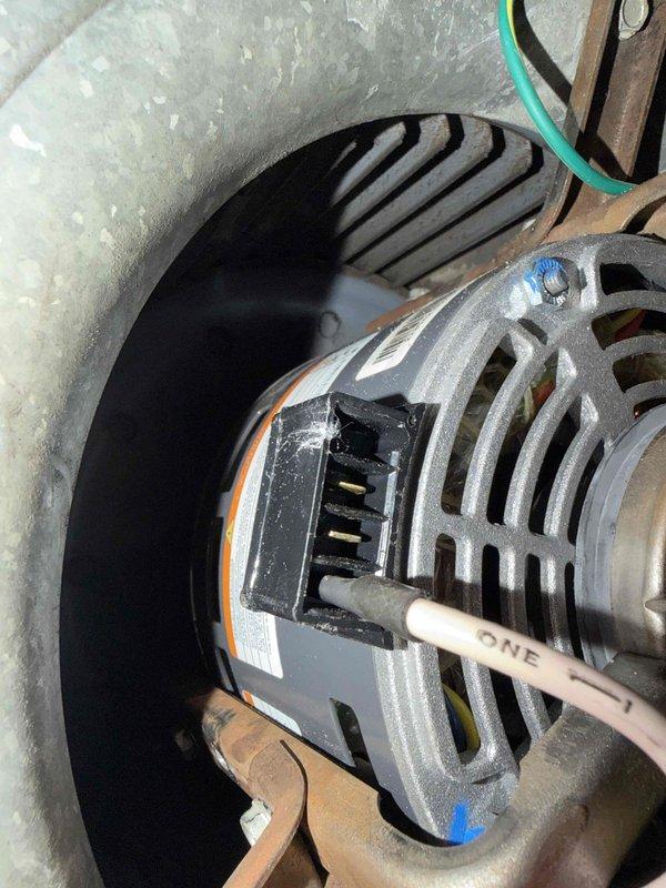Responded to no heat complaint for upstairs furnace with non-functioning auxiliary heat. Diagnosed electrical issue in the blower motor assembly. Rewired and reconnected the damaged harness connector to restore proper electrical connections to the motor terminal block. Successfully restored heat functionality to both main and auxiliary heating systems.