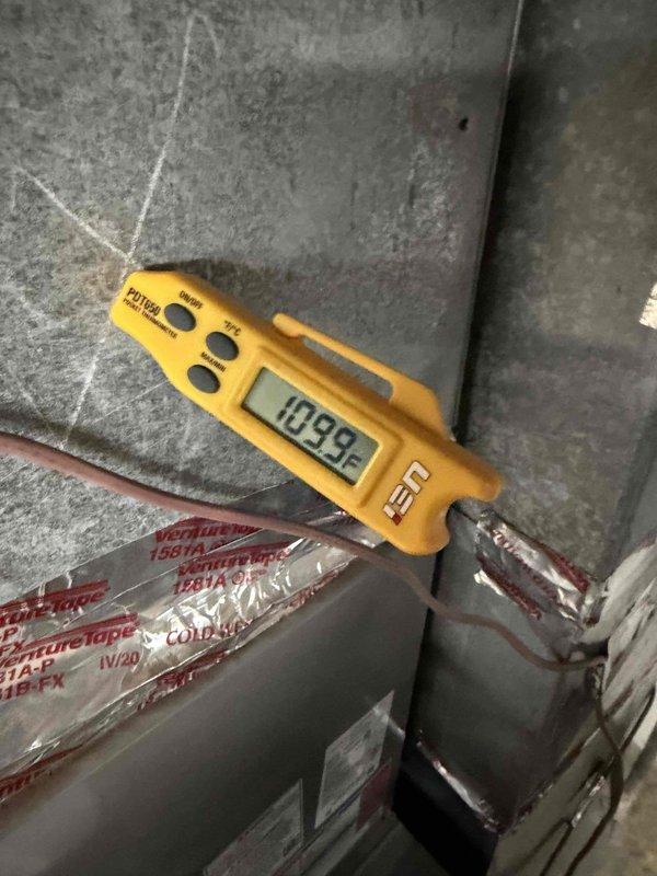 Responded to no-heat call and diagnosed severely overheating furnace with temperature reading of 1099°F, indicating potential heat exchanger failure or blocked airflow. Recommended immediate system shutdown and replacement to prevent safety hazard.