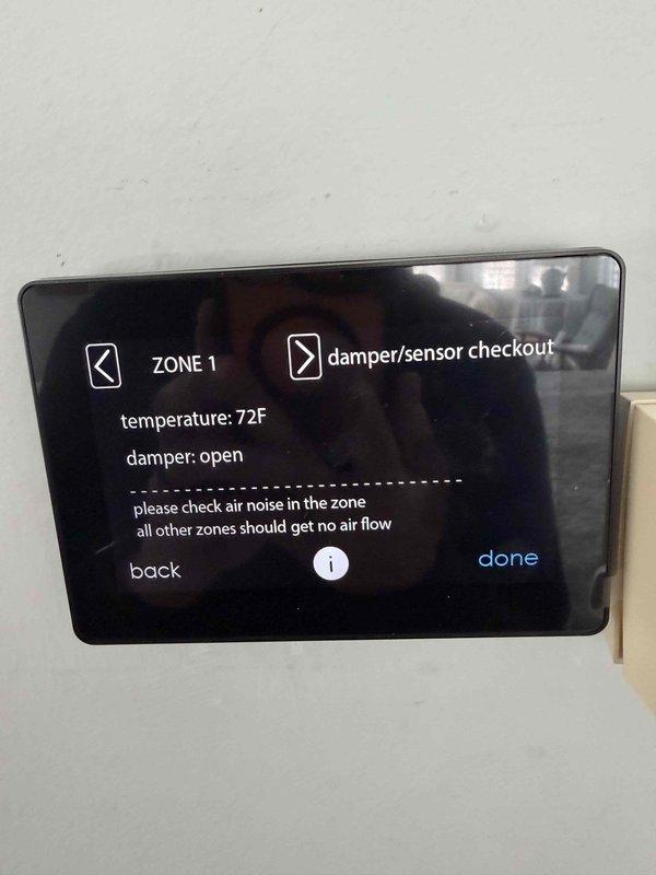 Performed diagnostic evaluation on LG high-efficiency heat pump with zoning issues per customer's free second opinion request. Accessed zone control interface and identified communication problems between thermostat and damper system. Verified Zone 1 damper operation (open at 72°F) and confirmed airflow settings across all three zones (Zones 1-2 at Medium/1214 CFM, Zone 3 at Medium-Low/877 CFM). Corrected system communication error that was causing improper zone control and air distribution.