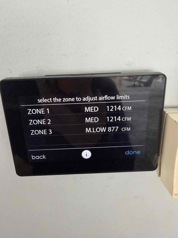 Performed diagnostic evaluation on LG high-efficiency heat pump with zoning issues per customer's free second opinion request. Accessed zone control interface and identified communication problems between thermostat and damper system. Verified Zone 1 damper operation (open at 72°F) and confirmed airflow settings across all three zones (Zones 1-2 at Medium/1214 CFM, Zone 3 at Medium-Low/877 CFM). Corrected system communication error that was causing improper zone control and air distribution.