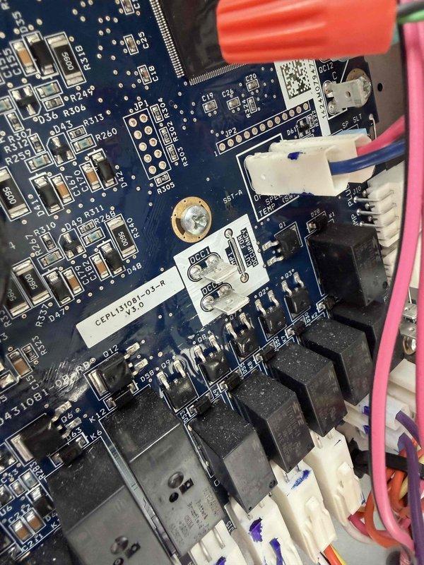 Responded to commercial no-heat call at Parish Hall for the 25-ton unit. Inspected control board and found faulty circuit board connections. Examined wiring connections and relay switches on the CFPL190E9-03-R control board, resolving the heating issue by reestablishing proper electronic signal pathways.