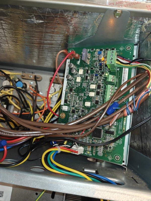 Performed annual Heating Maintenance 1 service on system with Aprilaire filter replacement. Inspected control board and electrical connections, finding all components in normal working condition with no visible damage. Removed and replaced dirty pleated air filter which showed significant dust accumulation and minor deformation of pleats.