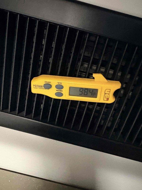 Responded to commercial geothermal unit blowing cold air when thermostat was calling for backup heat. Diagnostic testing revealed supply air temperature of 74.8°F and return air temperature of 98.4°F, confirming reversed airflow. Adjusted system settings to correct the temperature differential issue.