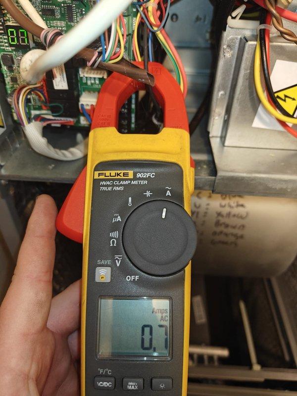 Performed regular maintenance on heating system, including inspection of electrical components. Conducted amperage testing with Fluke 902FC clamp meter showing 0.1 Amps AC on control circuit, and verified proper operation of the control board with functional digital display. All connections and wiring harnesses were inspected and confirmed to be secure with no signs of damage or corrosion.