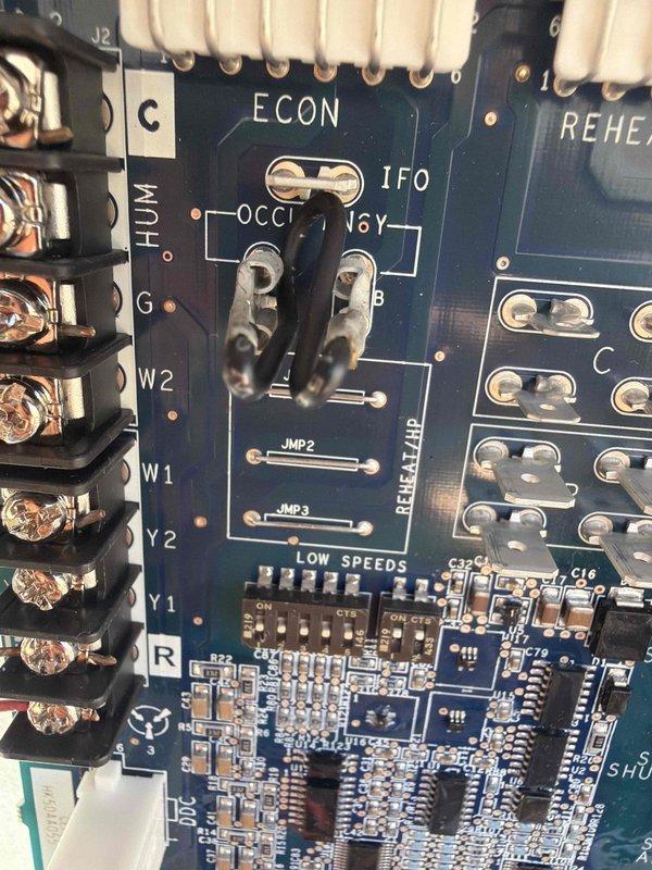 Conducted site visit to examine control board issues as requested. Inspected the electronic circuit board, focusing specifically on the ECON section with jumper pins and the LOW SPEEDS area with DIP switches. Replaced faulty sensor and evaluated the dissipation board components for proper functionality.