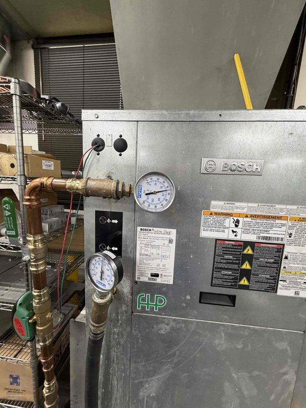 Performed routine heating maintenance on three geothermal units, excluding newly installed units from Summer 2025. Inspected and serviced Bosch equipment, including checking control circuits and pressure readings on the hydronic system. Disabled auxiliary heat function on thermostats for new geothermal units as per requirements, and addressed Y-strainer and plumbing issues near the filter rack as previously authorized.