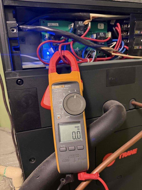 Responded to customer complaint of backup heat running continuously. Conducted diagnostic testing on Trane heat pump system using ammeter to verify electrical performance. Found multiple "Auxiliary heat running too long" alerts on the ecobee thermostat, confirming the system's excessive reliance on backup heat. Inspected control board connections and verified proper operation of the heat pump.