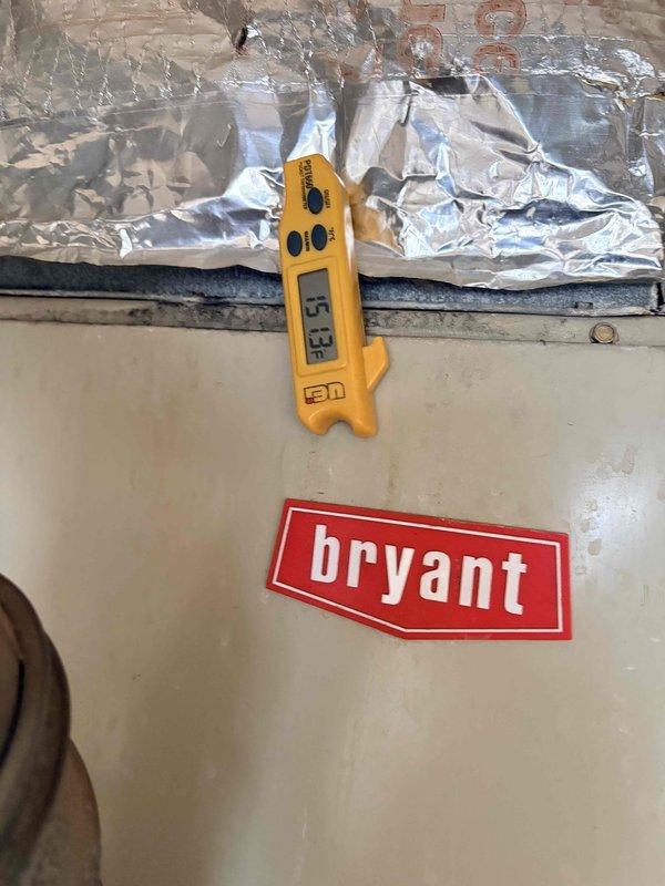 Completed quoted repairs on Bryant HVAC system. Diagnostic testing revealed elevated temperature readings of 82.5°F at the insulated ductwork. Inspected and serviced the blower motor assembly, associated copper piping, and electrical connections to restore proper system operation.