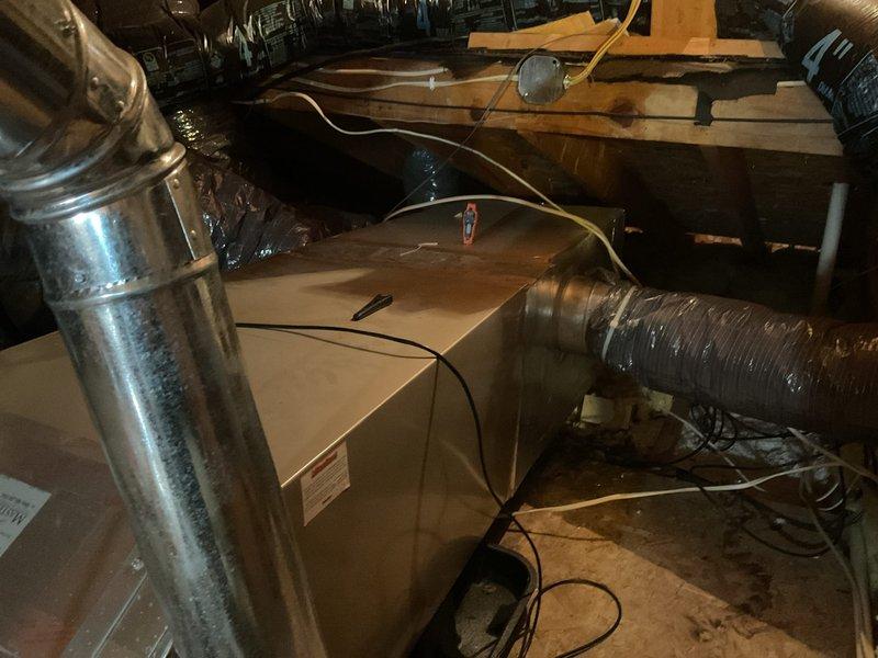 Performed routine heating maintenance on four heating systems across property (2 in main house, 1 in main house south, 1 upstairs). Replaced heavily soiled air filter with significant dust accumulation. Inspected furnace unit in utility area, examined ductwork connections and control wiring, and addressed reported heating issues in nursery area.