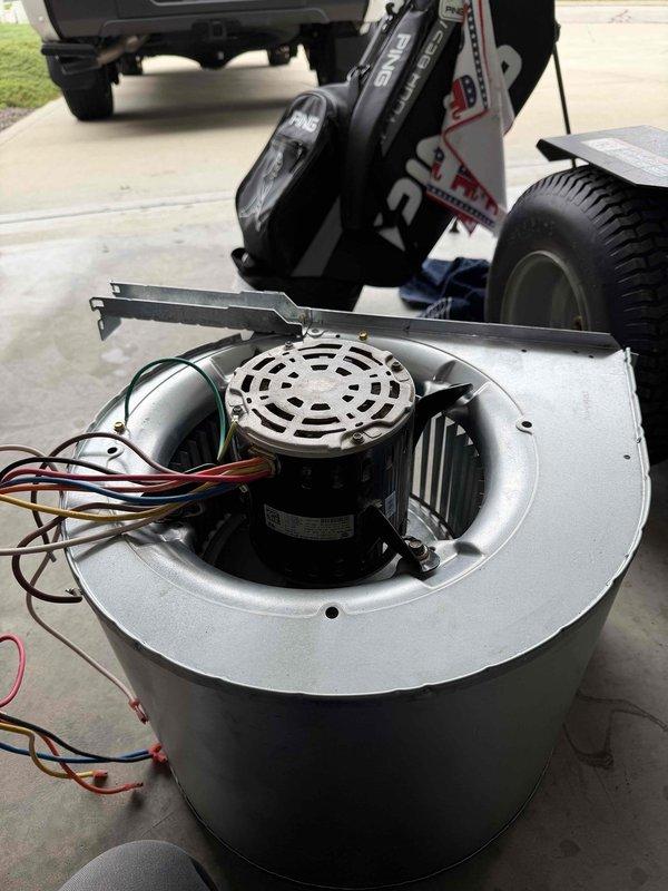 Completed quoted HVAC maintenance work including blower motor assembly service. Removed and cleaned blower wheel housing which showed significant dust and debris accumulation on fan blades and interior surfaces. Serviced blower motor unit with cylindrical fan cage and inspected electrical connections. Customer enrolled in maintenance plan and requested this technician for future service calls.