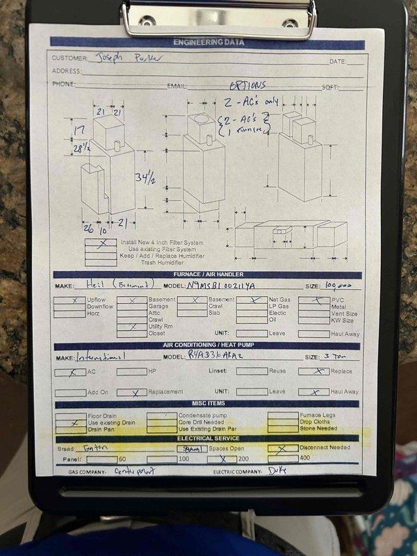 Conducted on-site assessment for complete HVAC system replacement in basement installation. Evaluated existing Heil furnace (100,000 BTU capacity) and documented current ductwork configuration with detailed measurements for proper equipment sizing. Provided estimate for new 3-ton air conditioning system with International condenser unit, including necessary electrical disconnect, drain pan installation utilizing existing floor drain, and all required connections to integrate with upflow furnace configuration in basement mechanical room.