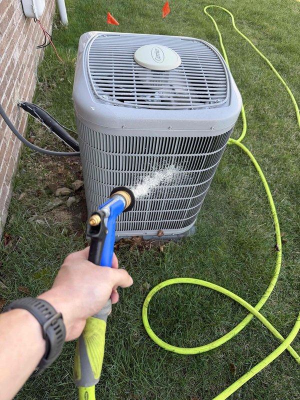 Performed comprehensive cooling system maintenance on Carrier air conditioning unit. Cleaned evaporator coils to remove accumulated dust and debris, inspected electronic control components and circuit board for proper operation, and pressure-washed condenser unit exterior fins to restore optimal heat transfer efficiency. All components tested and system returned to normal operating condition.