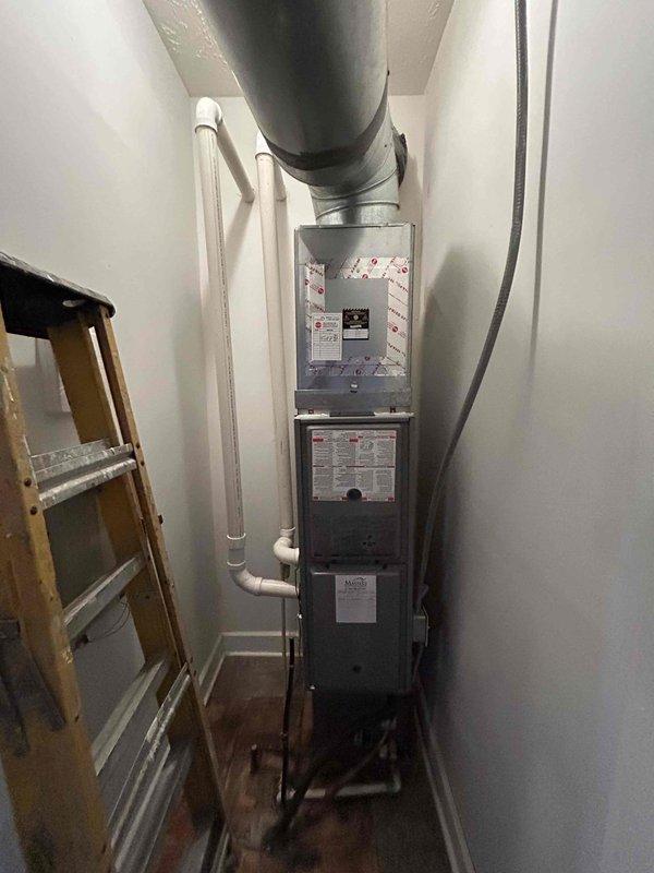 Completed estimate for complete HVAC system replacement. Assessed existing gas furnace and air handler assembly in utility closet, documenting current equipment condition including burner assembly, gas valve, flame sensor, and ductwork configuration. Photographed internal components showing age-related wear and existing system specifications to provide accurate replacement recommendations. Estimate prepared for new system installation with appropriate sizing and equipment specifications based on current setup and space constraints.