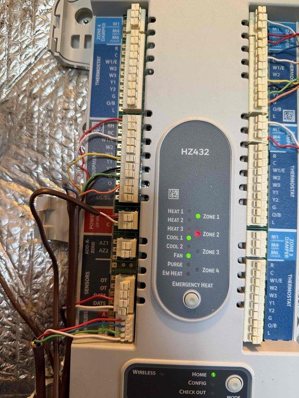 Responded to cooling complaint on geothermal system blowing warm air. Upon arrival, performed diagnostic testing of multi-zone control system and air handler unit. Utilized clamp meter to verify electrical readings and inspected HZ432 zone controller operation, checking all zone indicators, heat stages, cooling stages, and emergency heat functions. Evaluated terminal connections, wiring integrity, and control board functionality across all four zones. Assessed system operation and documented equipment conditions for proper cooling mode functionality.