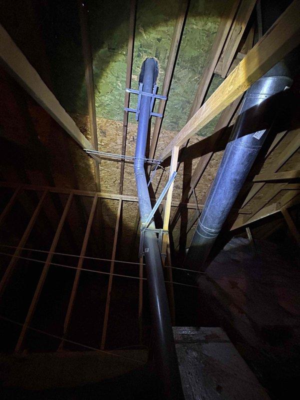 Completed estimate for replacement of upstairs 2-ton air conditioning system and 80% efficiency gas furnace. Accessed attic space to assess existing HVAC equipment, ductwork configuration, and installation requirements. Documented current system location, sheet metal supply duct runs, flexible return air ducts, and attic access conditions. Evaluated structural framing, available clearances for new equipment placement, and existing electrical connections. Photographed equipment platform, ductwork connections, and insulation conditions to provide comprehensive assessment for system replacement proposal.