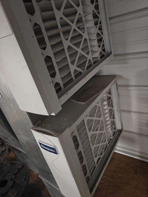 Completed scheduled commercial HVAC maintenance agreement service including filter replacement on multiple air handler units. Replaced two 16x25x1 filters and three 20x25x4 filters showing dust accumulation across all units. Inspected air handler equipment in mechanical room and attic space, verified proper mounting and ductwork connections, and confirmed all units operating within normal parameters.