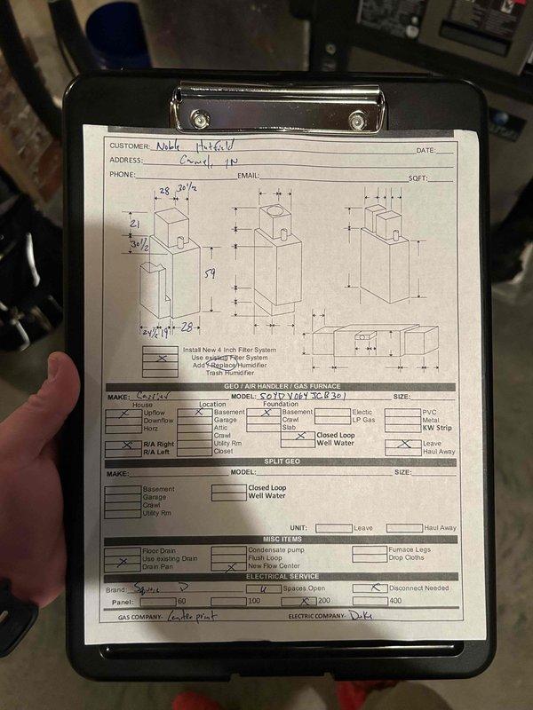 Conducted comprehensive site evaluation of existing geothermal heating and cooling system requiring replacement. Assessed current mechanical room configuration including tankless water heater, electrical panel capacity, and existing plumbing connections with PEX and copper piping. Documented equipment specifications, system layout, and infrastructure requirements for complete geothermal system replacement, capturing detailed measurements and technical data on standardized HVAC installation worksheet to prepare accurate estimate for split geothermal system installation.