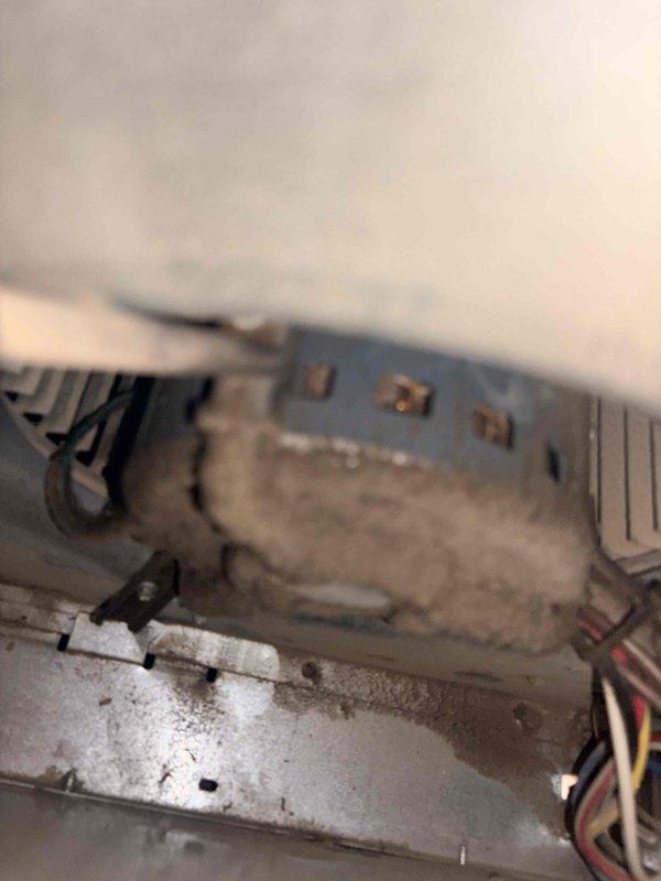 Responded to service call for furnace not operating properly with suspected blower motor failure. Upon inspection, accessed furnace cabinet and performed diagnostic evaluation of blower assembly and motor components. Examined blower motor, fan wheel, electrical connections, and control board terminals, noting accumulated dust and debris on motor assembly and housing. Documented condition of equipment with photographic evidence showing motor shaft, mounting components, and electrical connections for diagnostic purposes and customer records.