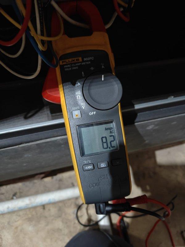 Completed preventive maintenance on residential cooling system. Performed electrical diagnostics using clamp meter, recording compressor amperage draw of 8.2 amps and condenser fan motor draw of 5.3 amps, both within manufacturer specifications. All electrical components operating normally with no deficiencies noted.