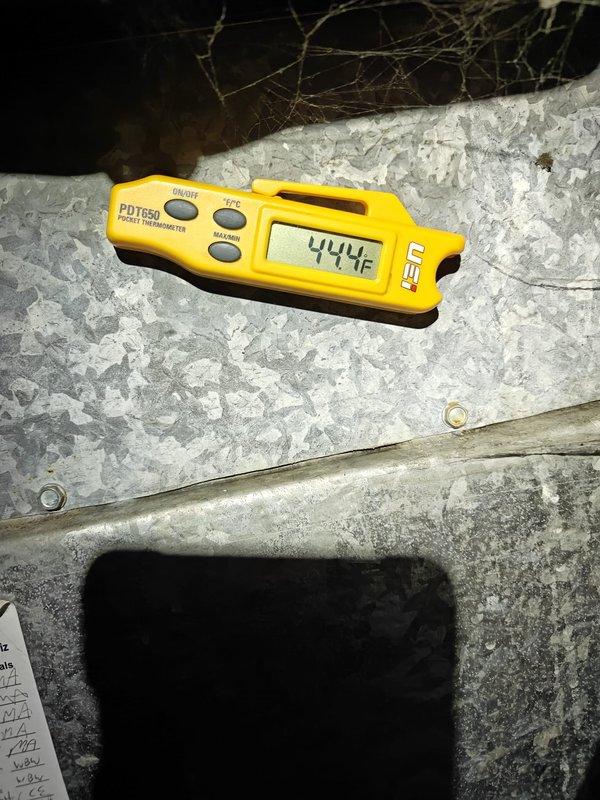 Completed preventive maintenance inspection on cooling system. Inspected evaporator coil and confirmed aluminum fins and copper tubing in good condition with no visible damage or deterioration. Measured and documented supply air temperature at 44.4°F, indicating proper cooling operation and adequate refrigerant charge. System operating within normal parameters with no deficiencies noted at time of service.