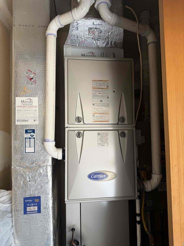 Completed scheduled cooling maintenance on Carrier HVAC system. Replaced heavily soiled air filter that showed significant dust and debris accumulation throughout pleated media, which was restricting airflow and reducing system efficiency. Inspected furnace unit, air handler, ductwork connections, and condensate drain lines; all components found in proper working condition with no immediate service needs identified.