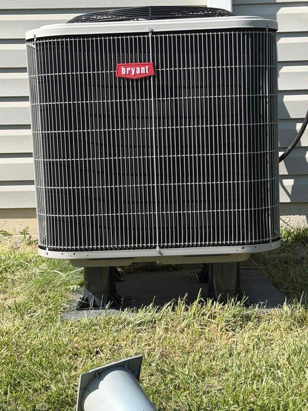 Installed condensate pump system for Bryant air conditioning unit to address drainage issues. Replaced existing dryer vent duct that was disconnected and lying on ground, ensuring proper exterior venting and system functionality. All equipment tested and verified operational upon completion.