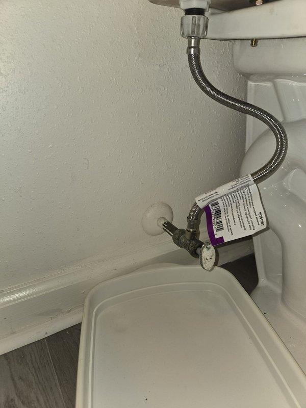 Responded to service call for two dripping shut-off valves located beneath bathroom sink. Upon arrival, accessed property using lockbox and inspected plumbing installation in cabinet space. Documented existing conditions showing chrome-plated angle stop valves with oval handles connected to braided flexible supply lines. Photographed both affected valves and surrounding plumbing components including PVC drain assembly and water supply connections to establish baseline conditions for repair assessment.