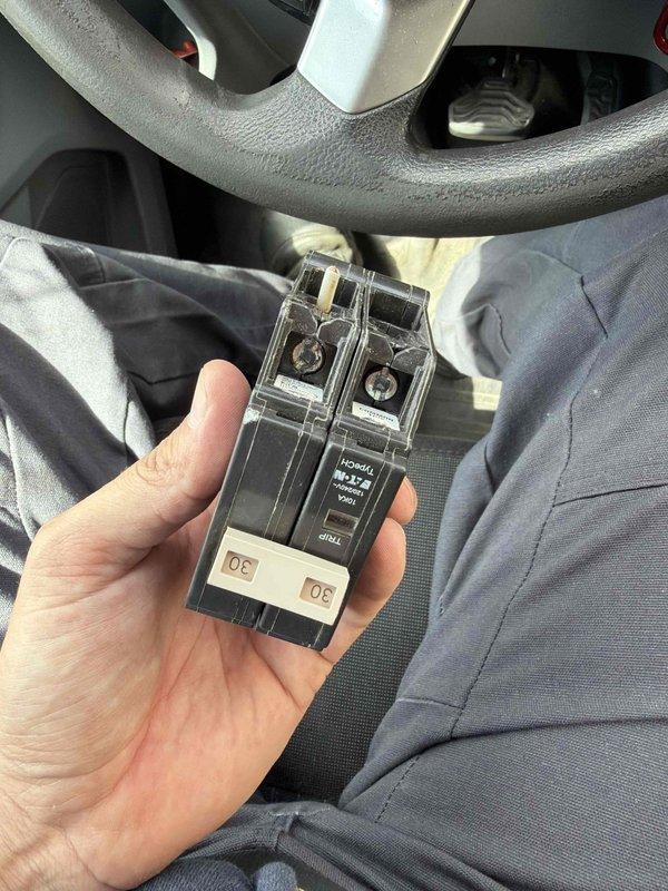 Replaced faulty 30-amp double-pole circuit breaker with new HOMC unit. Posted required permit in window for city inspection as requested.