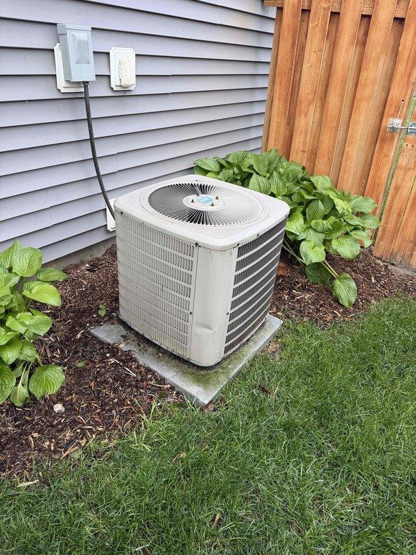 Completed complimentary air conditioning tune-up for new customer who received certificate through coloring contest promotion. Performed standard maintenance procedures on outdoor condensing unit including electrical diagnostics with multimeter showing 23.66V reading at terminals, inspected all wire connections and components, and cleaned condenser coil. Unit operating within normal parameters upon completion.