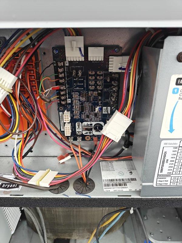 Completed scheduled 2026 cooling maintenance agreement service on commercial HVAC system. Performed comprehensive system inspection including control board evaluation, electrical connections verification, and safety control testing. Installed two 16x25x2 pleated air filters as included in maintenance agreement, replacing existing filters showing normal dust accumulation. Documented control panel wiring configuration and circuit board connections, confirming all terminal blocks, relays, and wire harnesses secure and properly connected. All system components operating within normal parameters with no deficiencies noted at time of service.