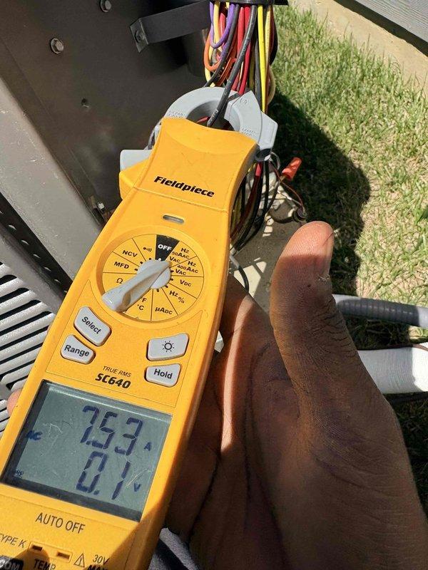 Completed comprehensive AC tune-up on outdoor condensing unit, performing standard preventive maintenance procedures. Utilized Fieldpiece SC640 multimeter to verify electrical readings and system performance parameters at control panel and compressor connections. All components inspected, tested, and found operating within manufacturer specifications.