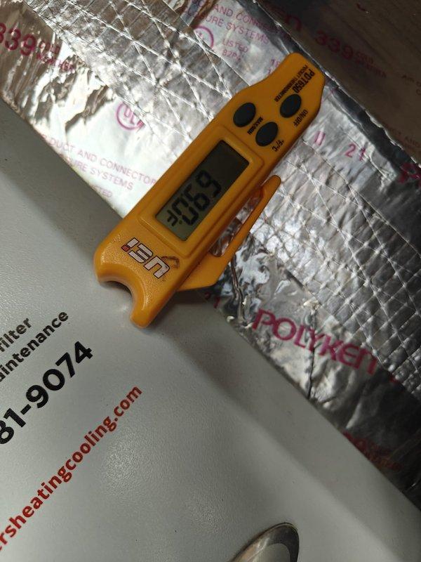 Completed comprehensive cooling maintenance on residential HVAC system including dehumidifier service and filter replacement. Performed standard maintenance protocol including inspection of blower motor assembly, electrical connections, and control board functionality. Verified system temperatures using calibrated digital thermometer, recording supply air temperature of 90.8°F. Inspected interior components including motor windings, wiring harnesses, and PCB for proper operation and signs of wear. Checked all electrical connections to blower motor and control board, ensuring secure terminations of yellow, green, white, red, and black wire leads. Examined insulation integrity throughout air handler cabinet. Replaced air filter as part of routine maintenance schedule. Serviced dehumidifier unit per manufacturer specifications. All components found operating within normal parameters with no deficiencies noted. System tested and left in proper working condition.